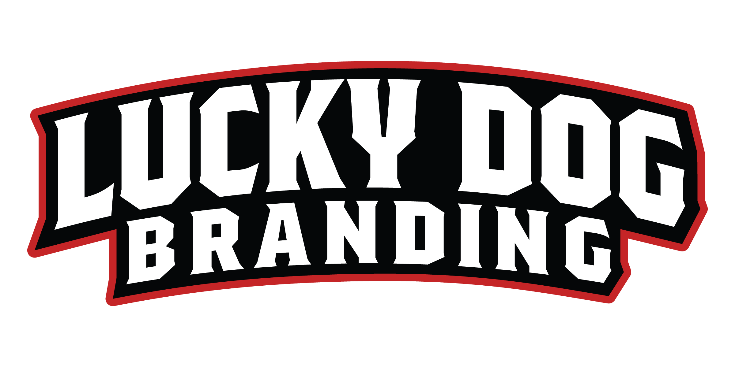 Lucky Dog Branding logo with black and white text on a red border