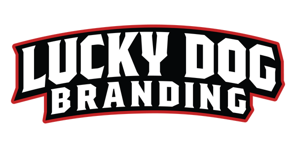 Lucky Dog Branding logo with black and white text on a red border
