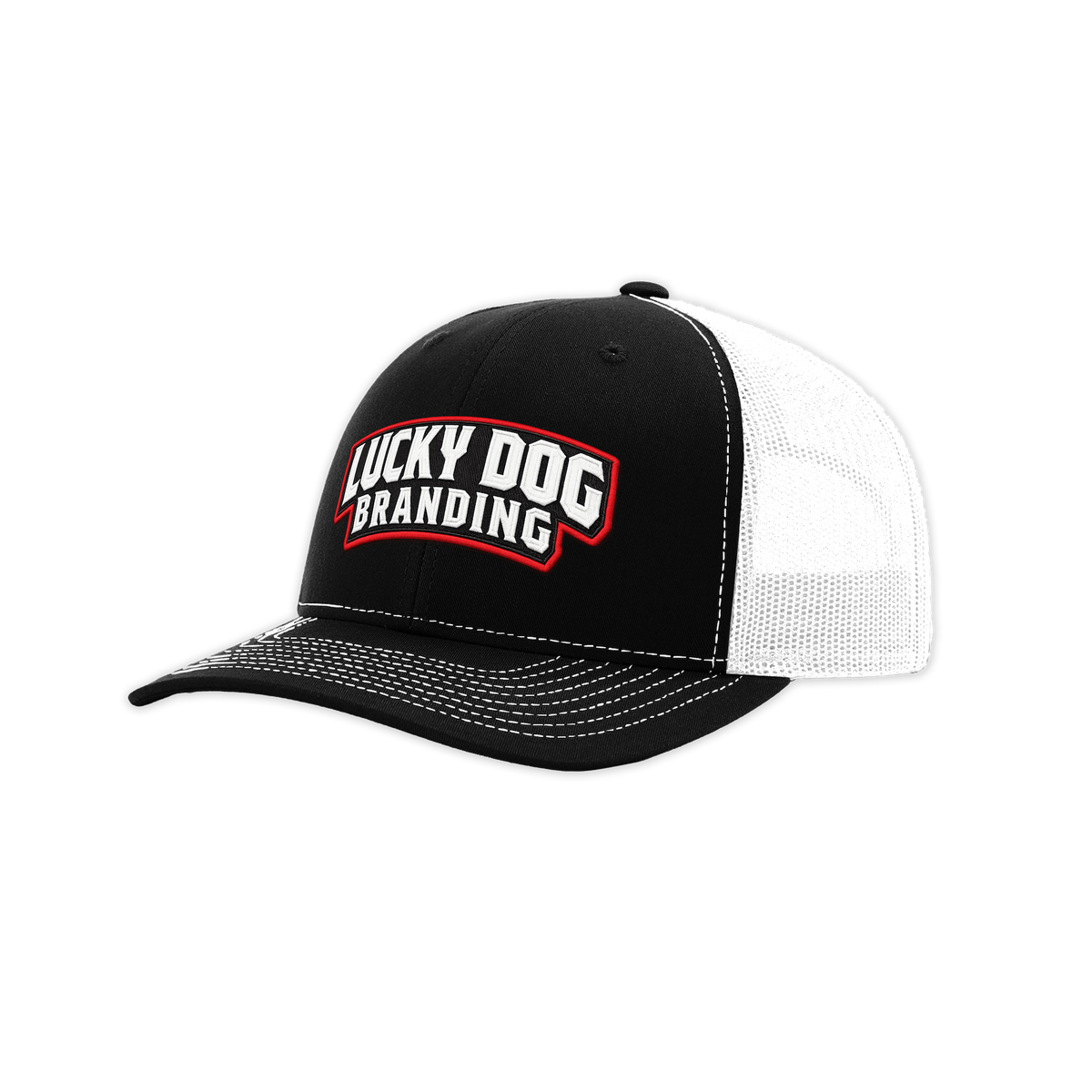 Embroidered lucky dog branding patch on Richardson 112 hat