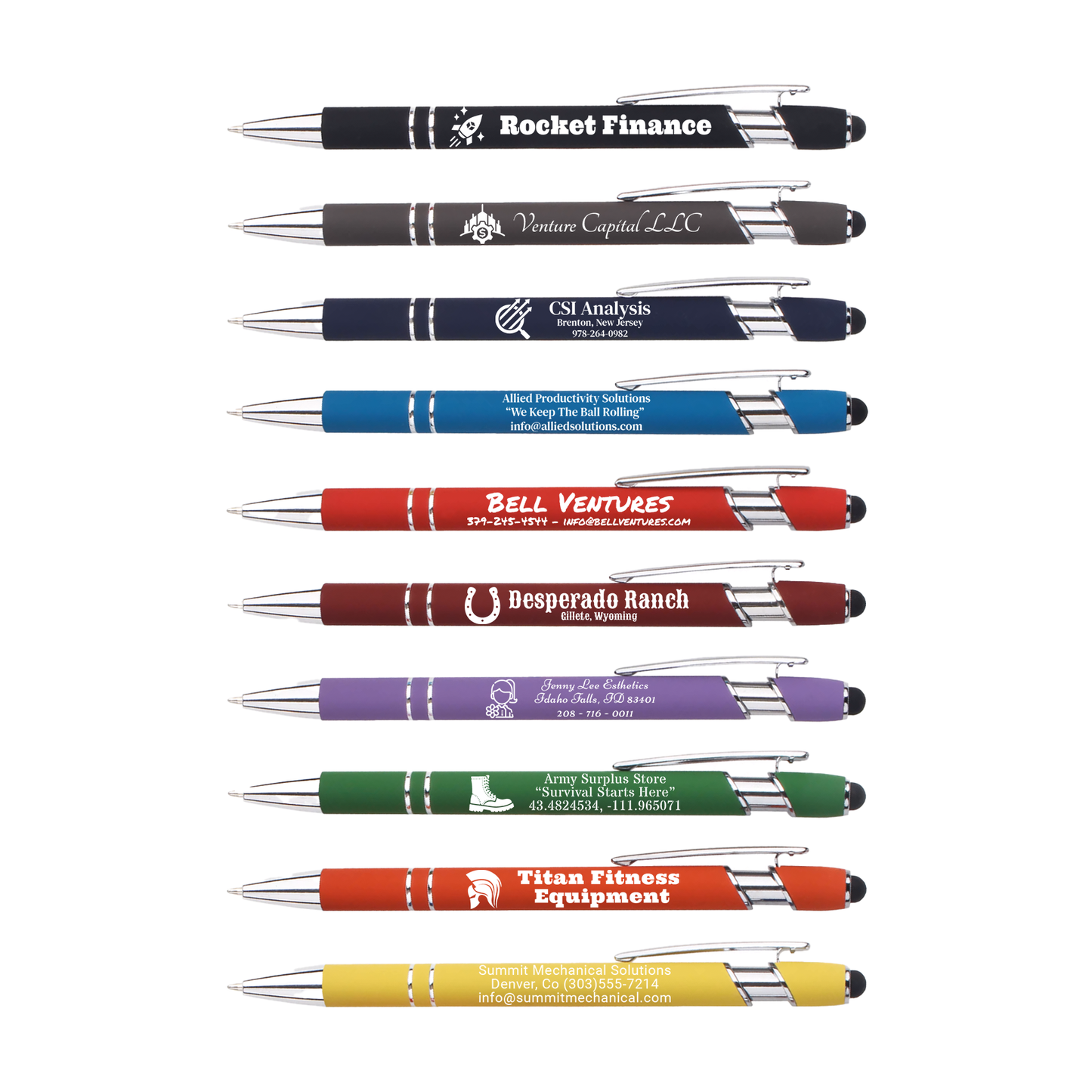 A collection of pens with styluses, available in various colors, each featuring custom laser engravings on the side.