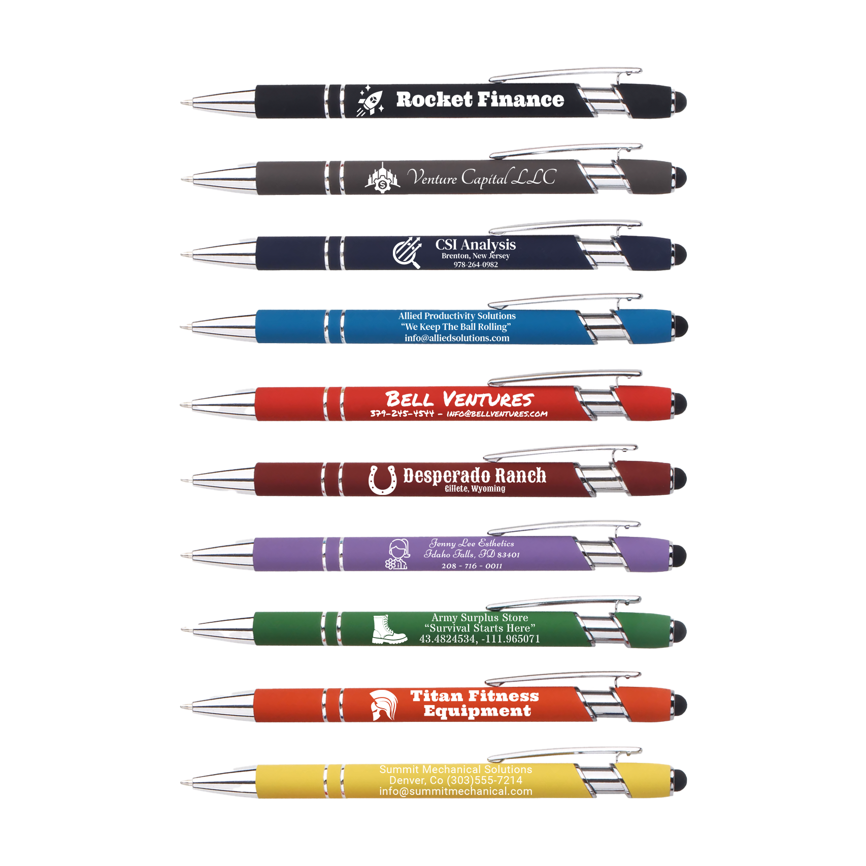 A collection of pens with styluses, available in various colors, each featuring custom laser engravings on the side.